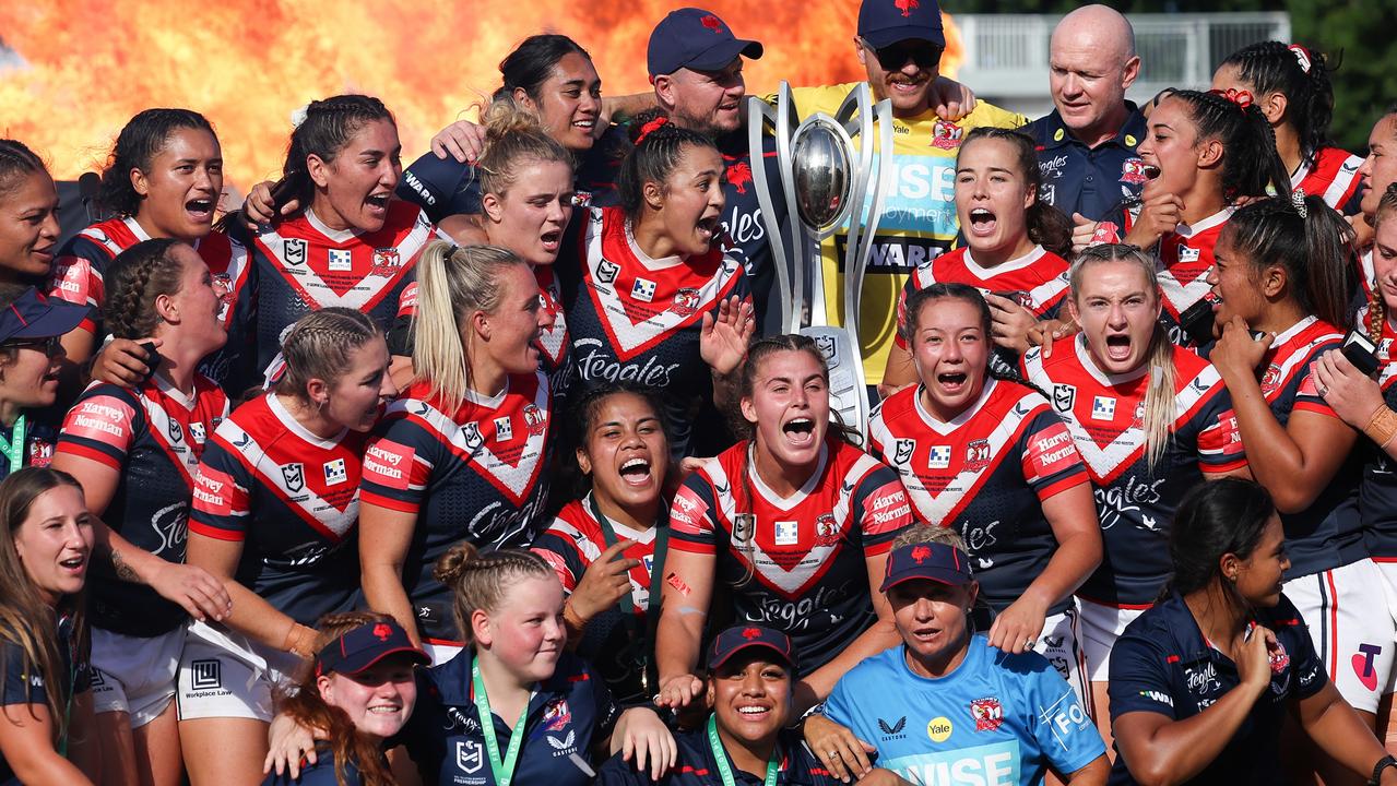 The Roosters celebrate their NRLW premiership as the competition proves a hit on television. Picture: Albert Perez/Getty Images