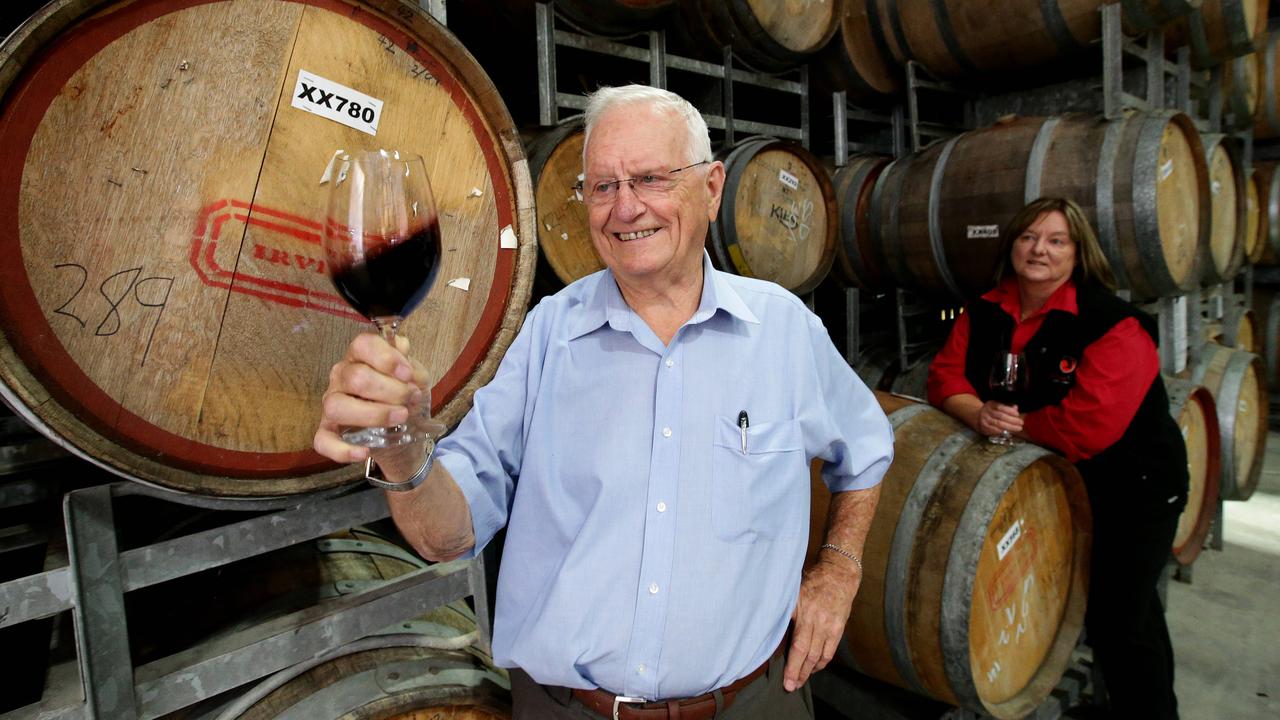 Winemaker Jim Irvine and his daughter Joanne Irvine at his winery in Nuriootpa, in 2014. Picture: Kelly Barnes