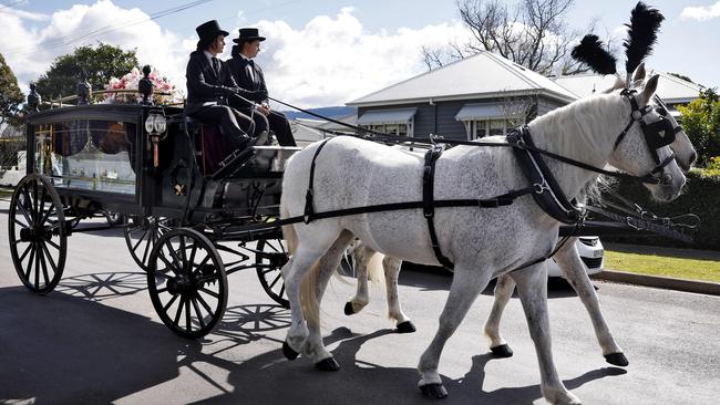 Brooke Sorlie’s casket arrives by horse and carriage. Picture: Sam Ruttyn