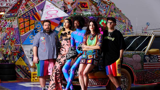 From left: Romance was Born designer Luke Sales, models Mali Alexiou and Akelo, designer Anna Plunkett and artist Paul Yore ahead of the Romance was Born winter 2023 fashion show at Carriageworks. Picture: Jane Dempster