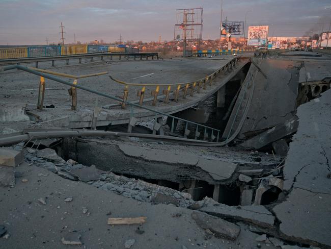 A destroyed bridge near the town of Bucha in the Kyiv region. Picture: Reuters