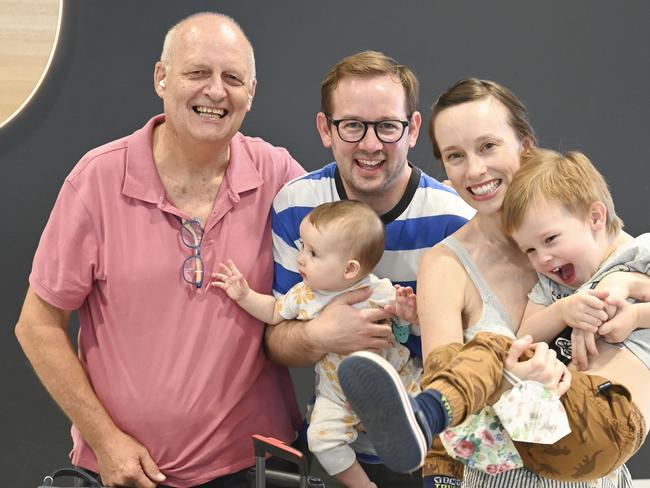 Monday 21st Feb.Sydney ArrivalsMichelle Perks & Ben Davis who work in Tokyo with their children Poppy 8 mths meeting grandad for the first time and Sidney 4 yrs.Steve Davis - poppy/granddad ph.0415440444PictureÃ&#149;s Darren Leigh Roberts