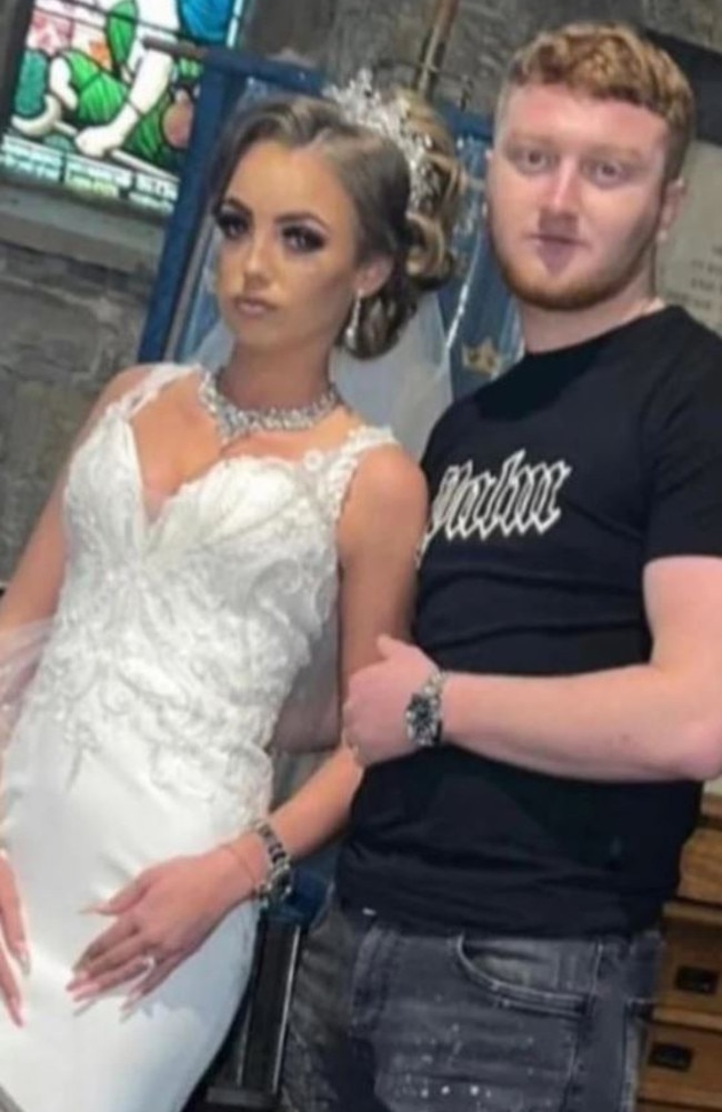 A UK groom is being lambasted online for showing up to his own wedding in a T-shirt and jeans while his bride donned a fancy dress. Picture: TikTok/Violet Price