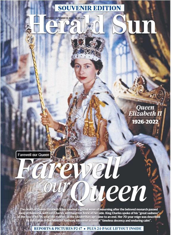 Australian newspaper front pages commemorate the passing of the Queen.