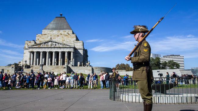 A soldier stands guard at the Shrine on Anzac Day 2022. Picture: Aaron Francis