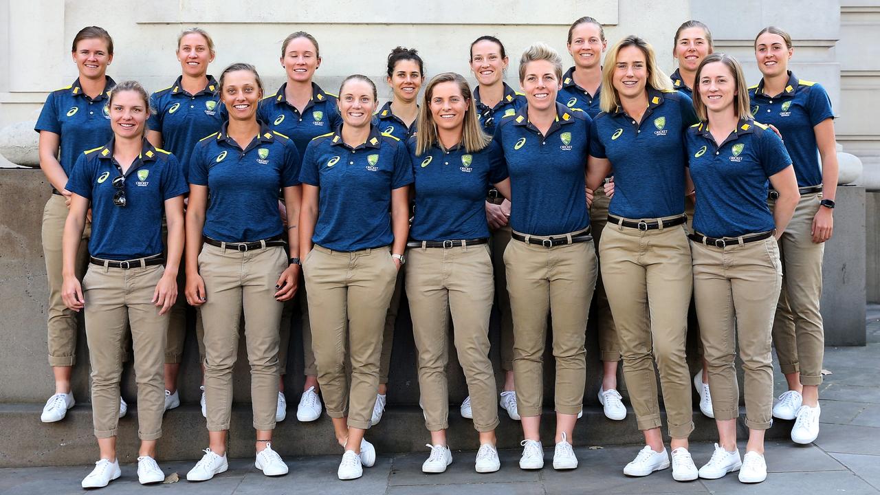 Australian Women's cricket team outside Australia House in London in 2019. The team retained their Ashes trophy. Front Row (L-R): Nicola Carey, Ashleigh Gardner, Beth Mooney, Sophie Molineux, Elyse Villani, Ellyse Perry, Rachael Haynes. Back Row: Jess Jonassen, Delissa Kimmince, Nicole Bolton, Megan Schutt, Meg Lanning, Georgia Wareham, Tayla Vlaeminck. Picture: Hollie Adams/News Corp Australia