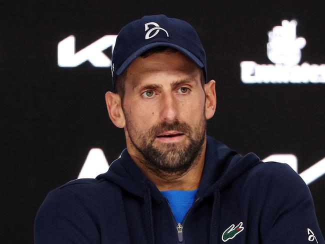 MELBOURNE, JANUARY 24, 2025: 2025 Australian Open Tennis, day thirteen. Novak Djokovic (SRB) gives a press conference after retiring injured against Alexander Zverev (GER) during their mens singles  semifinal match on Rod Laver Arena. Picture: Mark Stewart