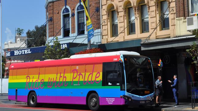 For the first time a rainbow decorated State Transit bus has taken to the streets of Sydney to celebrate the annual Gay and Lesbian mardi gras festival.