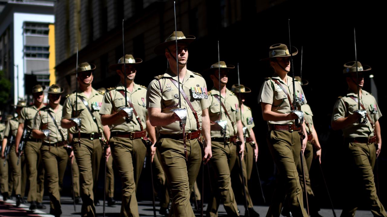 Army personnel march during an Anzac Day parade through Brisbane last year. Picture: NCA NewsWire / Dan Peled