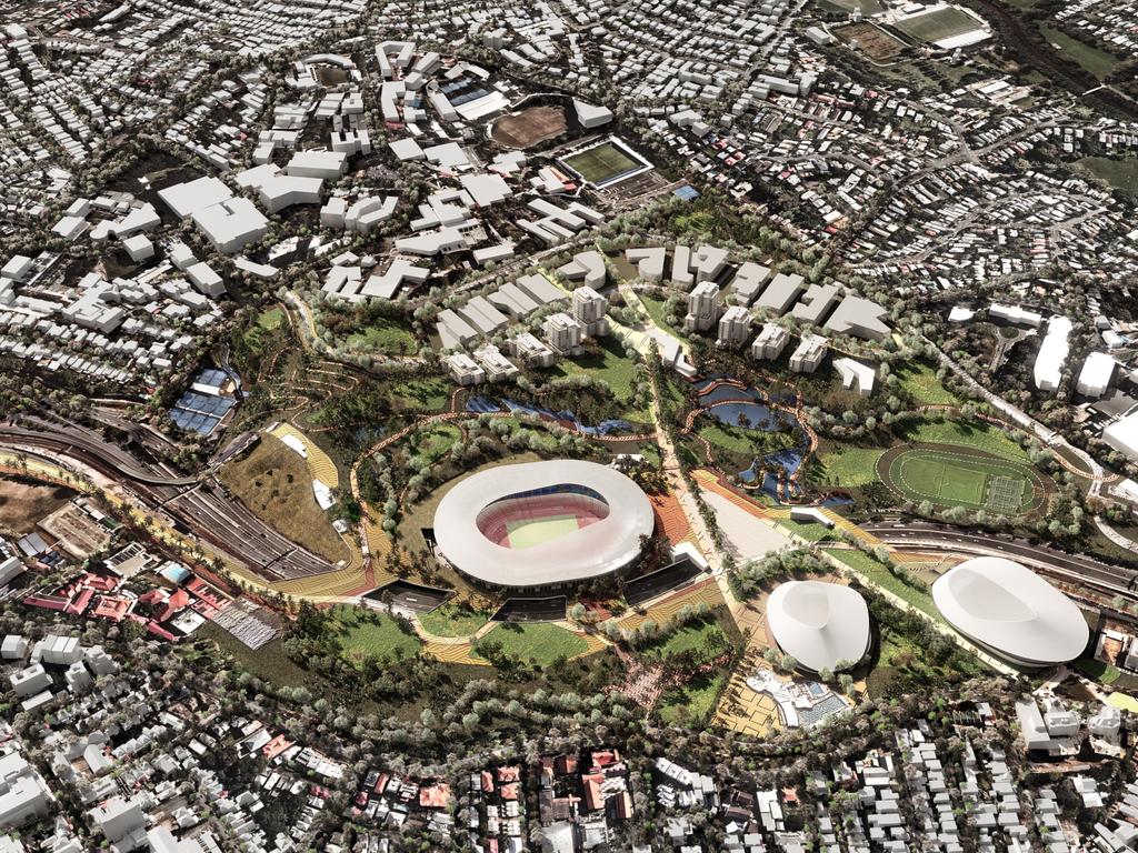 Aerial images of how the proposed and rejected Victoria Park stadium for the Olympics would look. Picture: ARCHIPELAGO