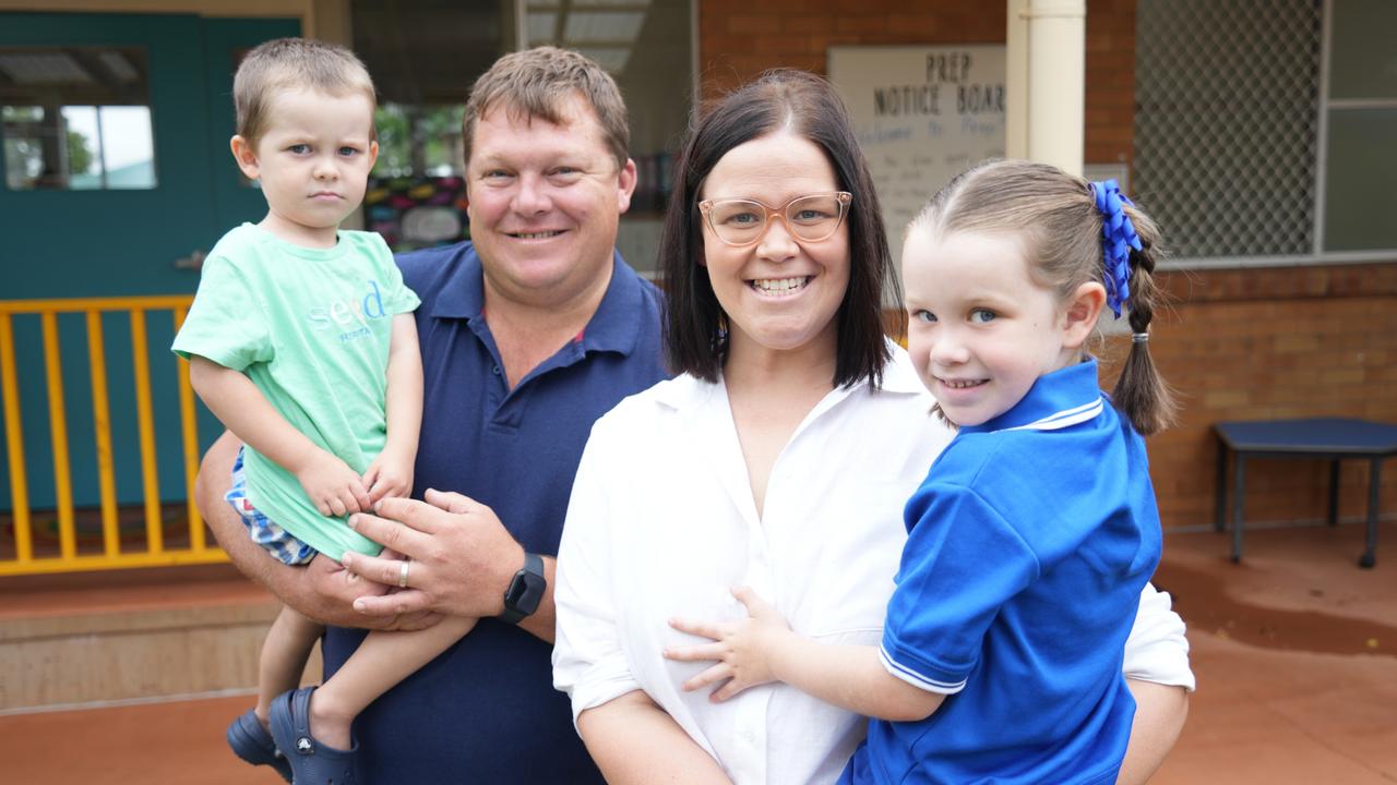 2023 prep students' first day at St Anthony's Primary School, Toowoomba. Molly Gillam with mum Jess, dad Cameron and brother Hugh.