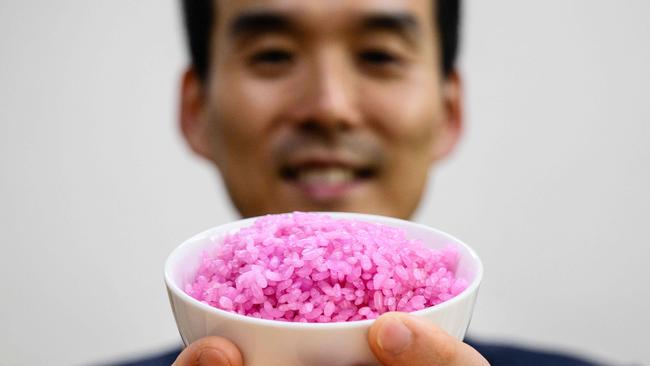 Professor Hong Jin-kee posing with a bowl containing pink ‘meaty rice’ at the Yonsei University in Seoul. Picture: AFP