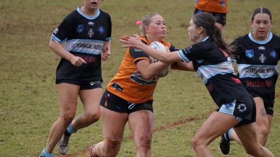 The Entrance Tigers' women's tackle rugby league team playing against the Terrigal Sharks in the 2024 Rugby League Central Coast competition. Picture: supplied