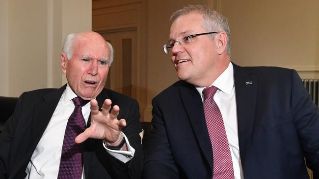 John Howard and Scott Morrison at the opening of the Howard Library at Old Parliament House in Canberra yesterday, Picture: AAP