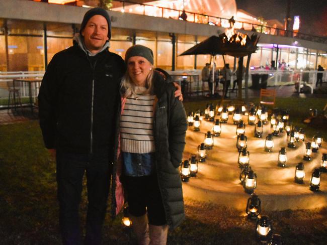 Phil and Tamara at the Whisky, Wine and Fire Festival 2024 at the Caulfield Racecourse. Picture: Jack Colantuono