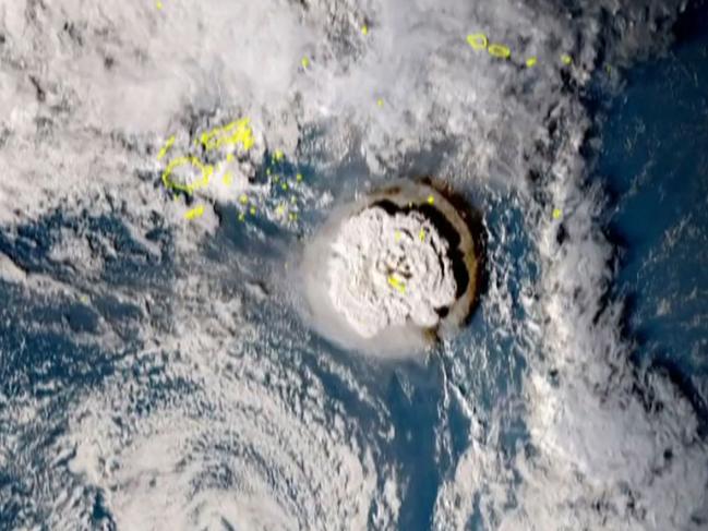 A grab taken from footage by Japan's Himawari-8 satellite shows the volcanic eruption that provoked the tsunami in Tonga. Picture: AFP