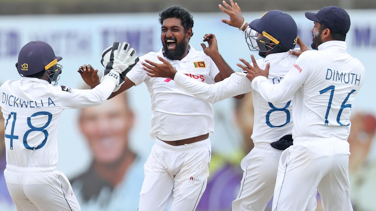 Prabath Jayasuriya of Sri Lanka celebrates the wicket of Steve Smith. Photo by Buddhika Weerasinghe/Getty Images