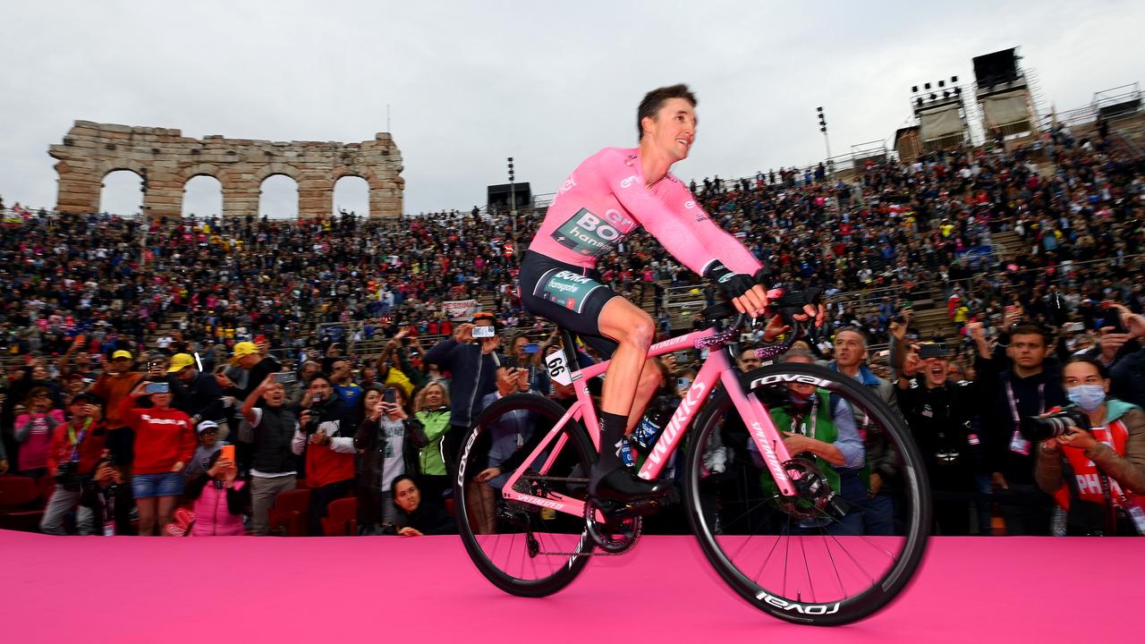 Australia’s Jai Hindley wins the Giro d’Italia, finishing at the Arena di Verona on May 29. Hindley is only the second Australian in history to win a Grand Tour cycling title. Picture: Tim de Waele/Getty Images