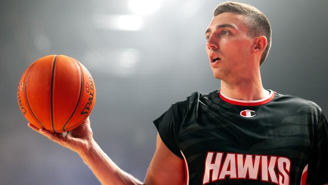 WOLLONGONG, AUSTRALIA - JANUARY 11: Mason Peatling of the Hawks watches on during the warm -up ahead of the round 16 NBL match between Illawarra Hawks and New Zealand Breakers at WIN Entertainment Centre, on January 11, 2025, in Wollongong, Australia. (Photo by Mark Kolbe Photography/Getty Images)