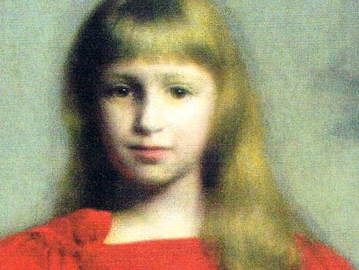 Jozef Pankiewicz painting "Girl in a Red Dress (Portrait of Jozefa Oderfeld)", 1897, oil on canvas, 75 x 58 cm, National Museum, Kielce