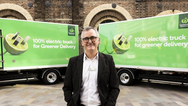 Woolworths CEO Brad Banducci with a new electronic vehicle/truck. Picture: Supplied