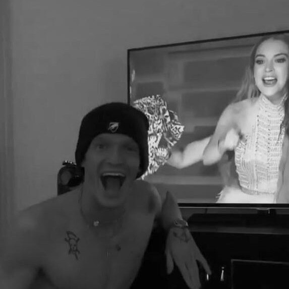 Cody Simpson reacts after watching Lindsay Lohan guess correctly that he was the Robot on <i>The Masked Singer</i>. Picture: Instagram