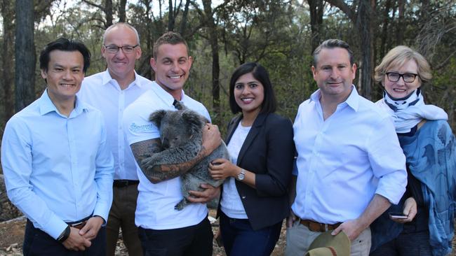 Labor leader Luke Foley with Featherdale Wildlife Park director of life sciences Chad Staples (holding koala) and local Labor politicians and candidates announcing a koala national park for the Macarthur region.