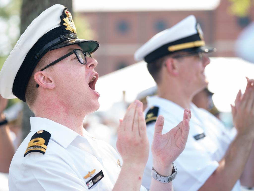 Lt. William Hall applauds for a fellow graduate during a Naval Nuclear Power Training Command graduation ceremony at Joint Base Charleston in Goose Creek, South Carolina. Picture: Sean Rayford for The Daily Telegraph