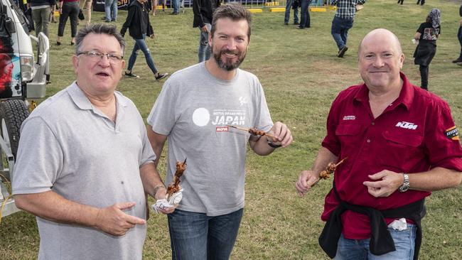 (from left) Steve Creese, Ian Muller and Terry Achilles at Meatstock, Toowoomba Showgrounds. Saturday, April 9, 2022. Picture: Nev Madsen.