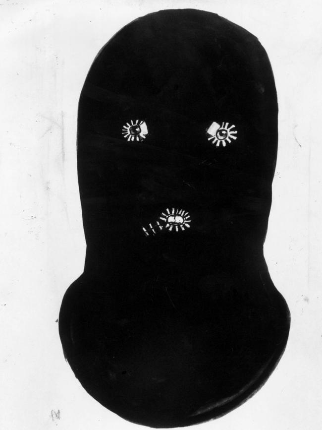 A police sketch of the balaclava used by the kidnapper — nicknamed Mr Cruel — of Nicola Lynas.