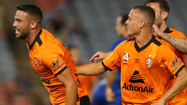 Brad Inman celebrates his super strike against the Jets. Picture: Getty Images