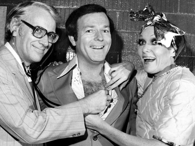 Dr James Wright, host Mike Walsh and Jeanne Little on The Mike Walsh Show at Channel 10 Studios in Sydney in 1976.