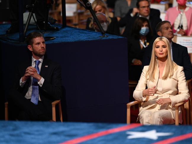 Eric Trump and Ivanka Trump, pictured watching on as their father Donald Trump took the podium. Picture: AFP