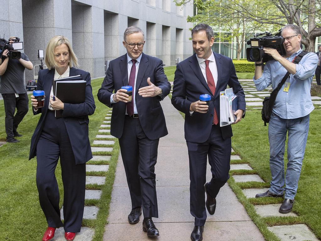 Australian Prime Minister Anthony Albanese with the Treasurer Jim Chalmers, right, and the Minister for Finance Katy Gallagher, left, at Parliament House in Canberra. Picture: NCA NewsWire / Gary Ramage