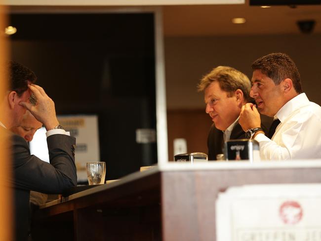 Damien Keogh, Laurence Lancini, Ray Dib and Bart Campbell after storming out of an NRL meeting with ARLC chairman John Grant. Picture: Brett Costello