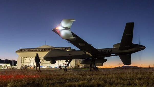 A Reaper drone returns from a mission over the US-Mexico border last November at Fort Huachuca, Arizona. Picture: Getty Images