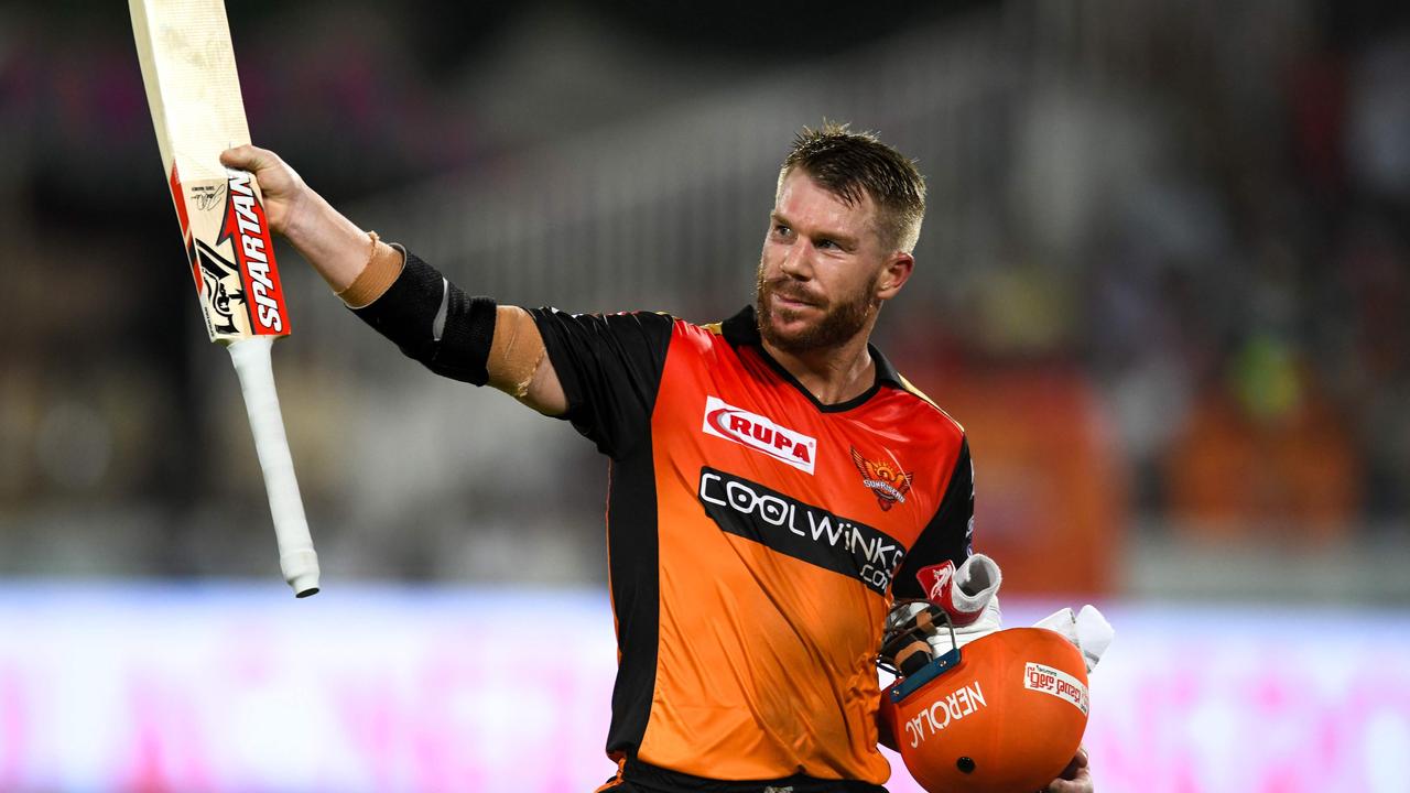 (FILES) In this file photo taken on April 29, 2019, Sunrisers Hyderabad cricketer David Warner gestures as he walks back to the pavilion during the 2019 Indian Premier League (IPL) Twenty20 cricket match between Sunrisers Hyderabad and Kings XI Punjab at the Rajiv Gandhi International Cricket Stadium in Hyderabad. - Australia opener David Warner has been reappointed captain of the Hyderabad team for the upcoming Indian Premier League season, the club announced on February 27. (Photo by NOAH SEELAM / AFP) / ----IMAGE RESTRICTED TO EDITORIAL USE - STRICTLY NO COMMERCIAL USE-----