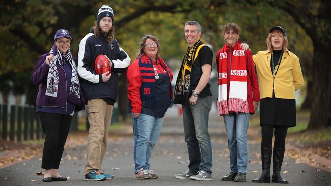 AFL fans Dianne Waddingham, Jesse Robertson, Suzanne Considine, Cameron Lucas, Fiona Baptie and Gabrielle Turner. Picture: Alex Coppel