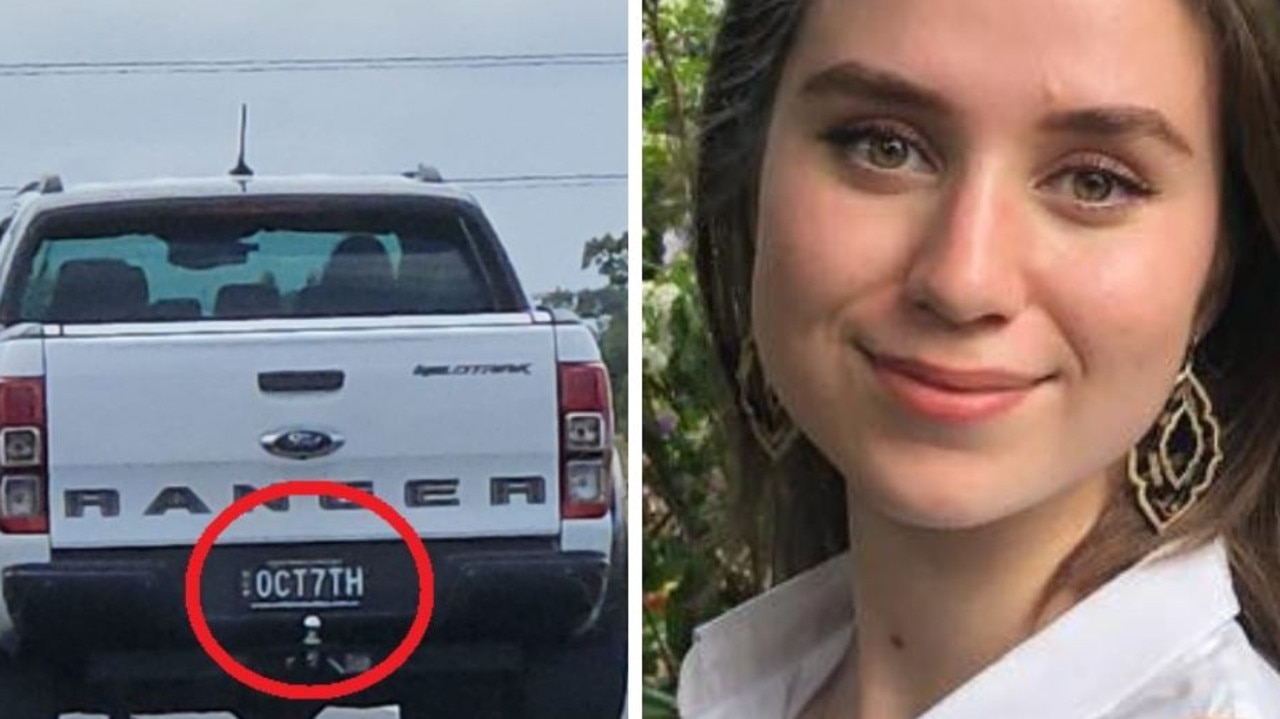 Left: the offending number plate. Right: former Liberal candidate Freya Leach, who wondered why it was allowed. Pictures: Twitter/Supplied