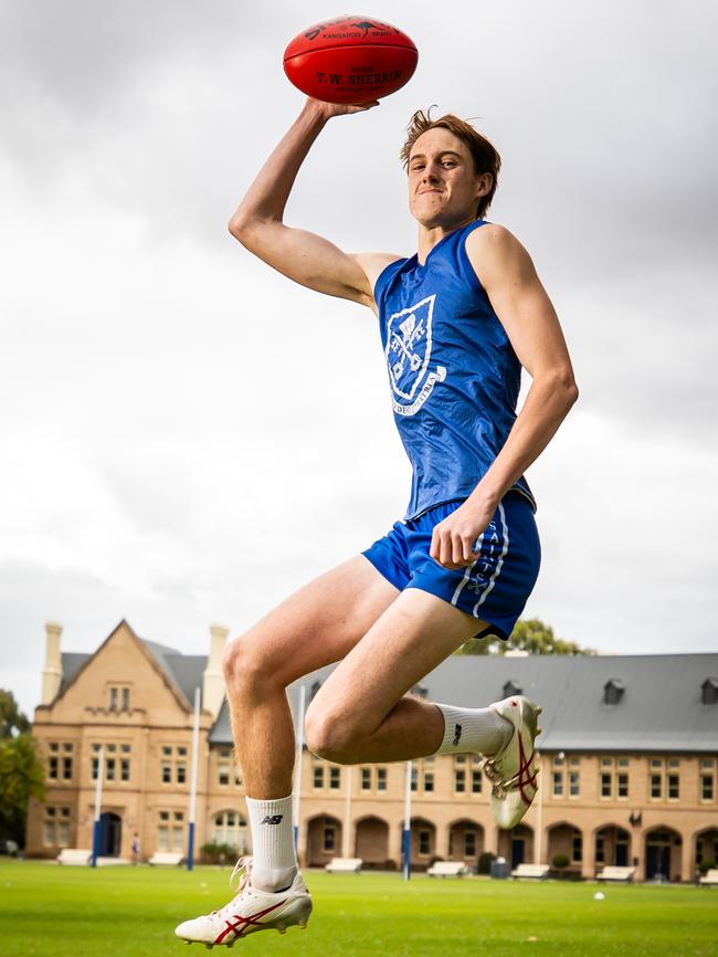 Norwood and St Peter's College’s Ned Bowman was still jumping for joy on Tuesday after his spectacular mark in the SANFL under-18s. Picture: Tom Huntley