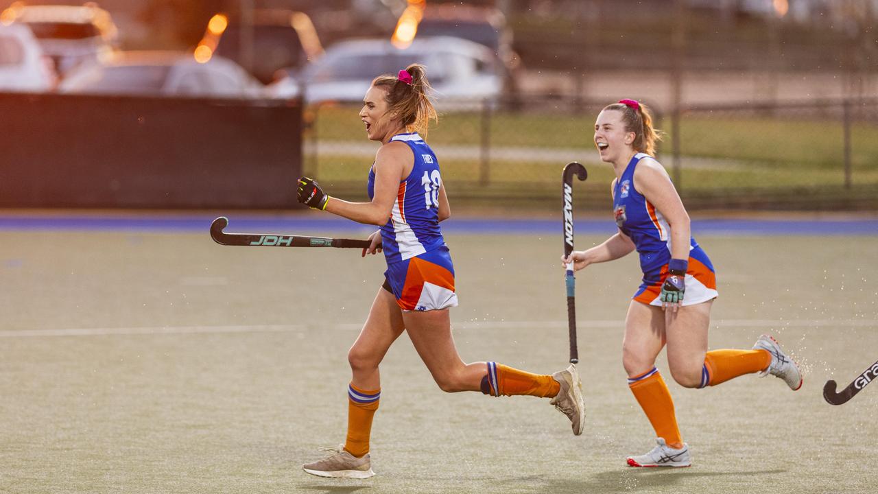 Torrie Thies celebrates her goal for Newtown against Past High in A1 Women's Toowoomba Hockey grand final at Clyde Park, Saturday, September 7, 2024. Picture: Kevin Farmer