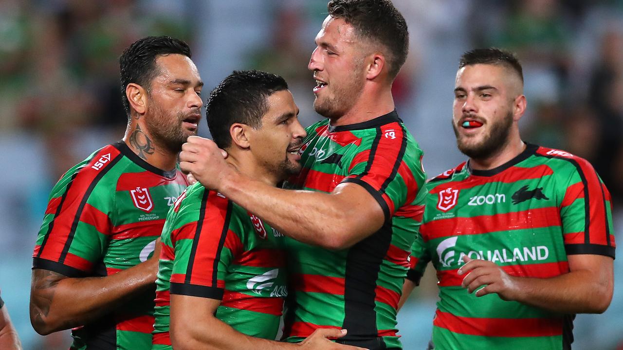 Cody Walker celebrates one of his two tries in the Rabbitohs big win over the Broncos. 
