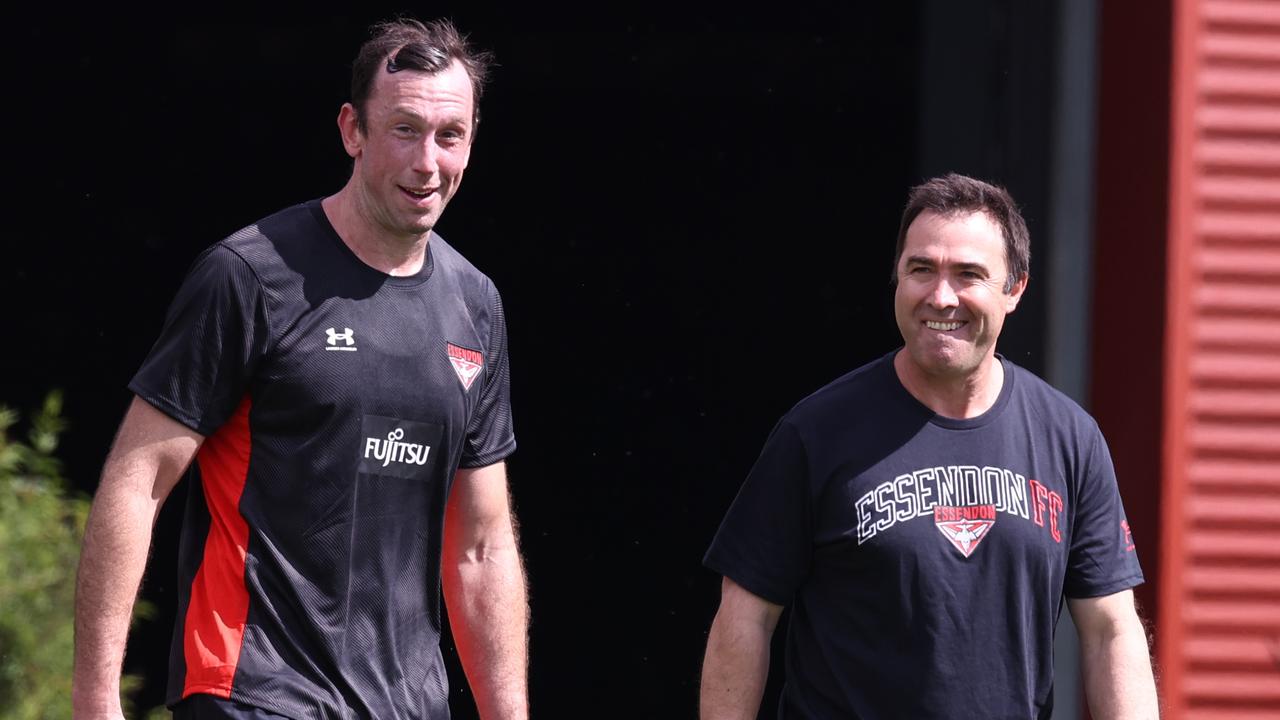 Veteran Bombers recruit Todd Goldstein put in a strong session on the first day of pre-season training after reuniting with longtime coach Brad Scott on Monday. Picture: Michael Klein