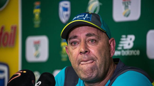 Darren Lehmann speaks to the press as he announces his resignation as Australian cricket coachin March, 2018. Picture: AFP PHOTO / WIKUS DE WET