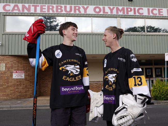 Canterbury Eagles Ice Hockey players Parker Law, 16, (left) and Jason Beazley, 15, outside the Canterbury Ice Rink which is receiving a big upgrade. Picture: Jonathan Ng