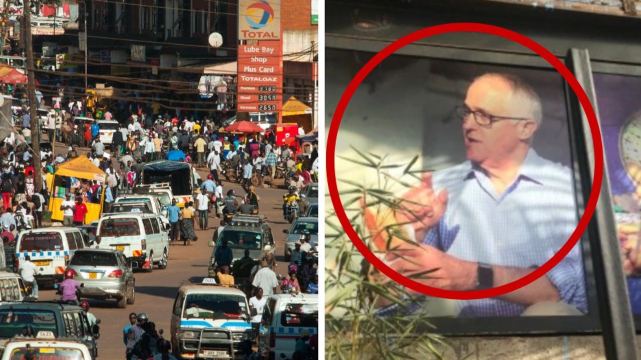 A bánh mì shop in Uganda is using a picture of Malcolm Turnbull to help sales. Pictures: Alamy; Supplied