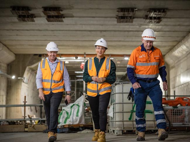 Peter Lellyett, executive project director, West Gate Tunnel Project  Gabrielle Williams, Transport Infrastructure Minister and Scott Hodder, project director, West Gate Tunnel Project Future Vic Westgate Tunnel works, first look at Eastbound tunnel. Picture: Jason Edwards