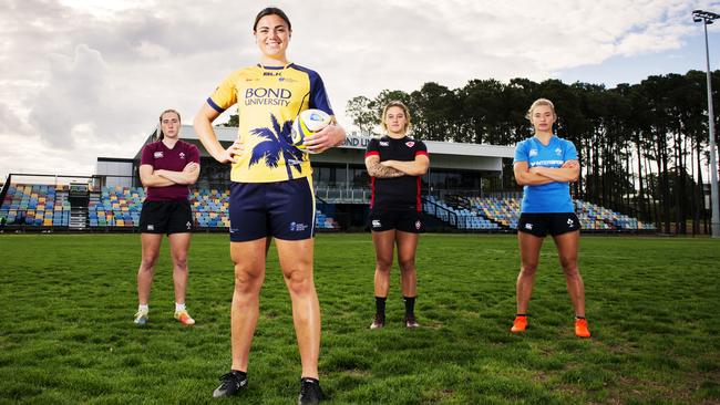 Millie Boyle during Bond’s Aon Uni Sevens Series season, alongside international players Eve Higgins, Gabby Senft and Kathy Baker. Picture: Bond University