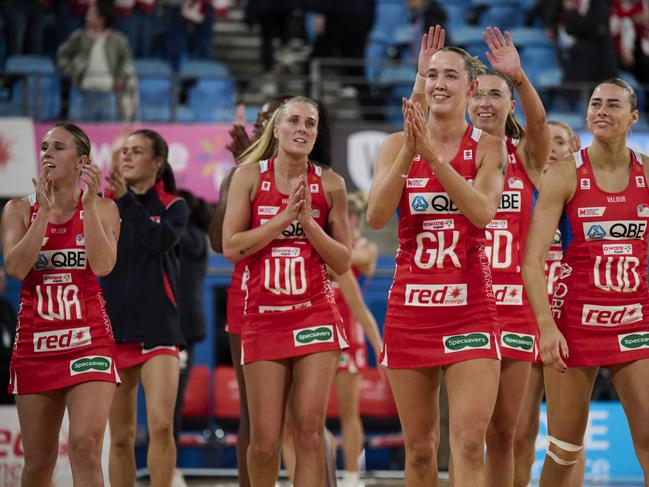 Swifts players acknowledge the crowd after defeat. Picture: Getty Images