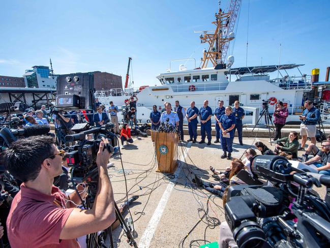 US Rear Adm. John Mauger announces the discovery of the Titan wreckage, which suffered a ‘catastrophic implosion’ before search and rescue efforts were launched. Picture: AFP